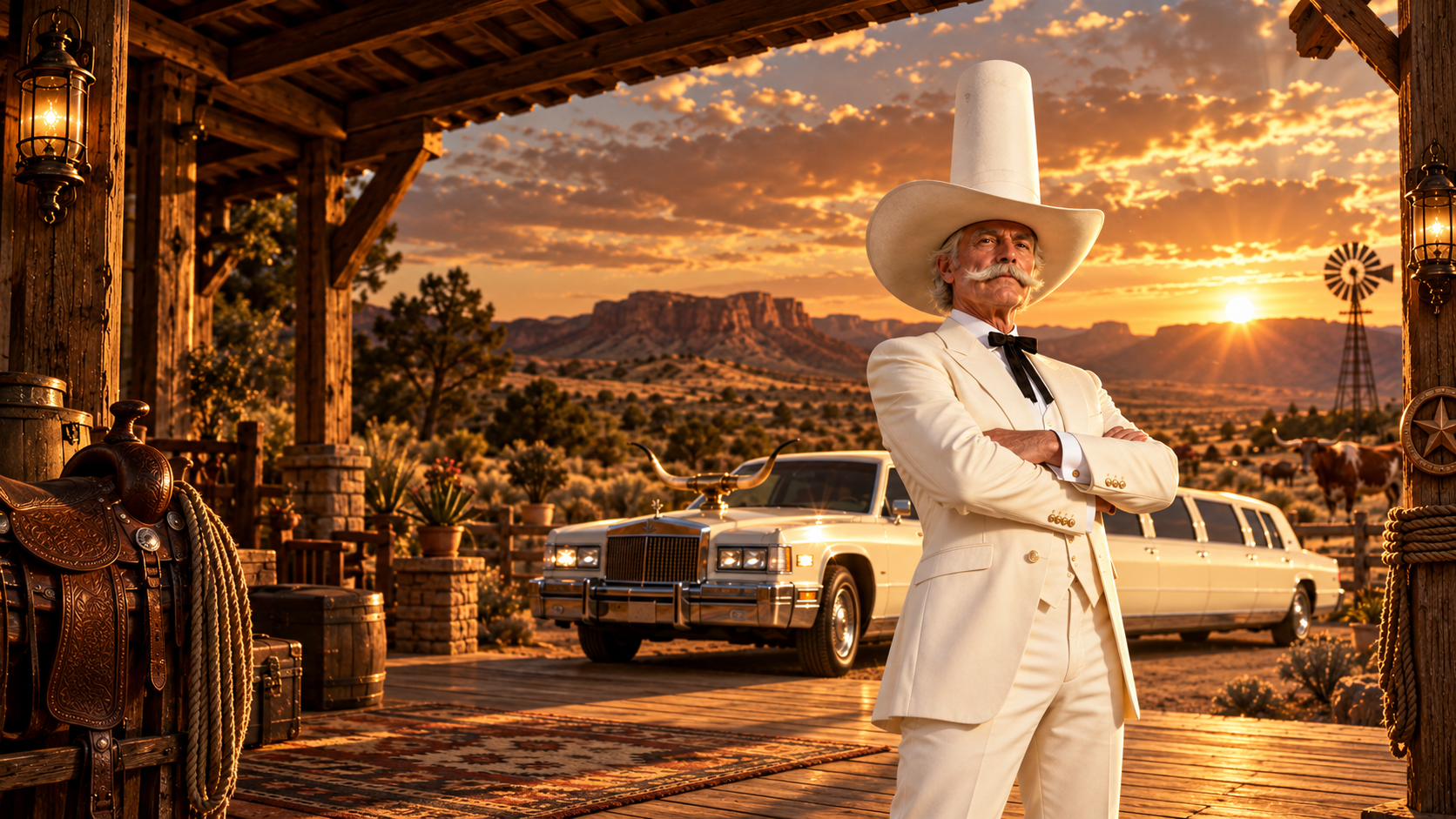 Ten Story Hat in his ivory suit beside a longhorn limousine on a golden sunset ranch